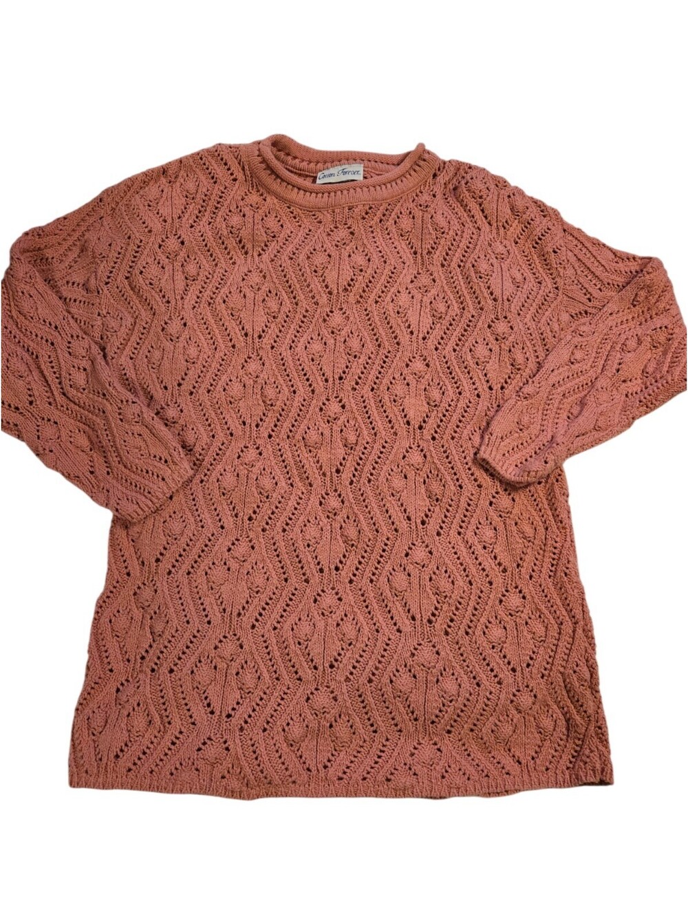 Vtg Dusty Rose Cotton Forever Pink Knit Sweater Diamond Open Work Pointelle 2XL